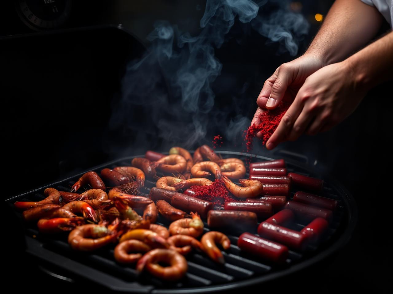 Hands seasoning shrimp & andouille on the grill with yaji spice