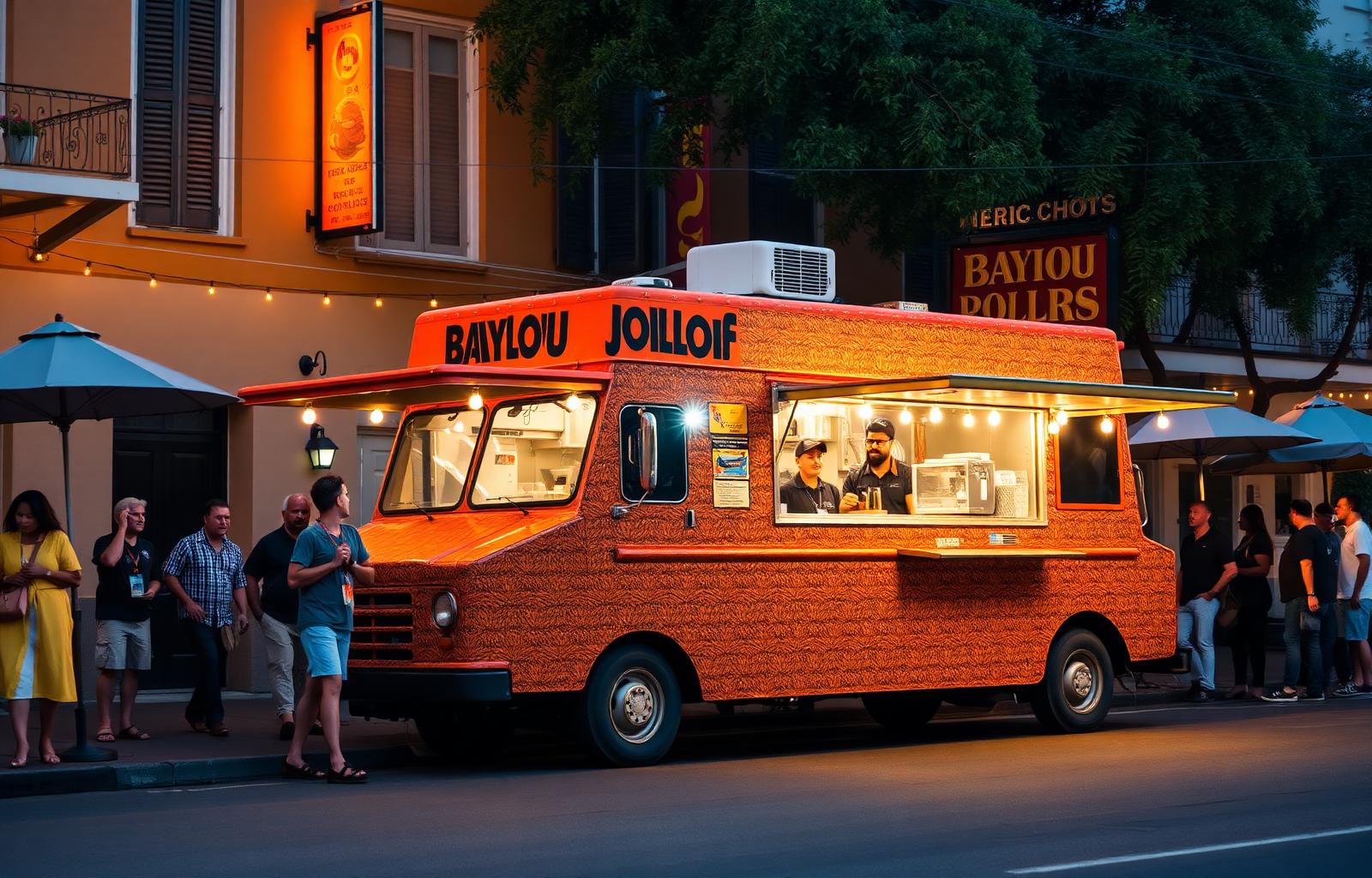 The Bayou Jollof food truck on a NOLA street at golden hour